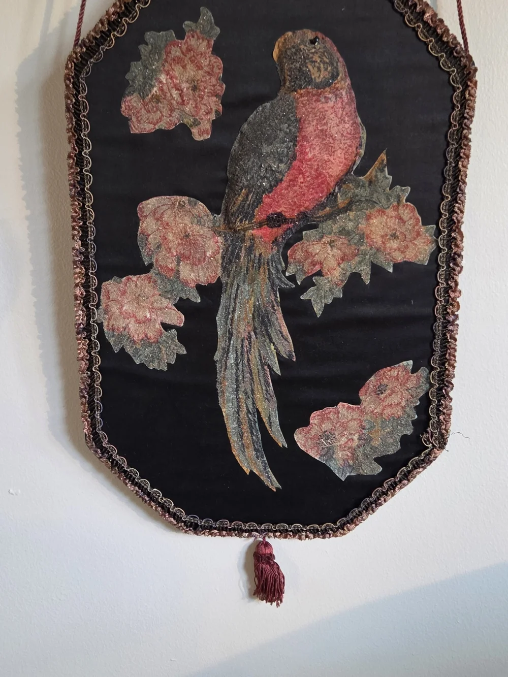 Decorative Black Velvet Bird Wall Hanging with Pink and Brown Embroidery